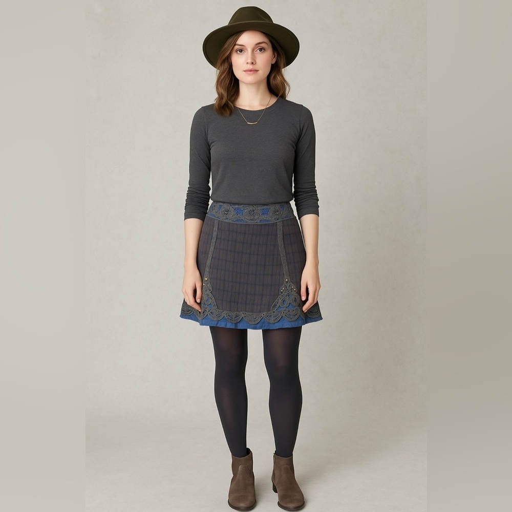 EUC Free People Gray & Blue Mini with Crochet Lace AppliquĂŠ & Metal details XS